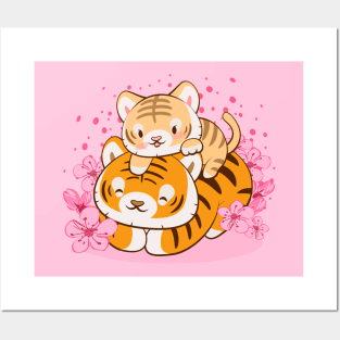 Cute Baby Tiger and Mom with Pastel Pink Sakura Flower Kawaii Aesthetic Posters and Art